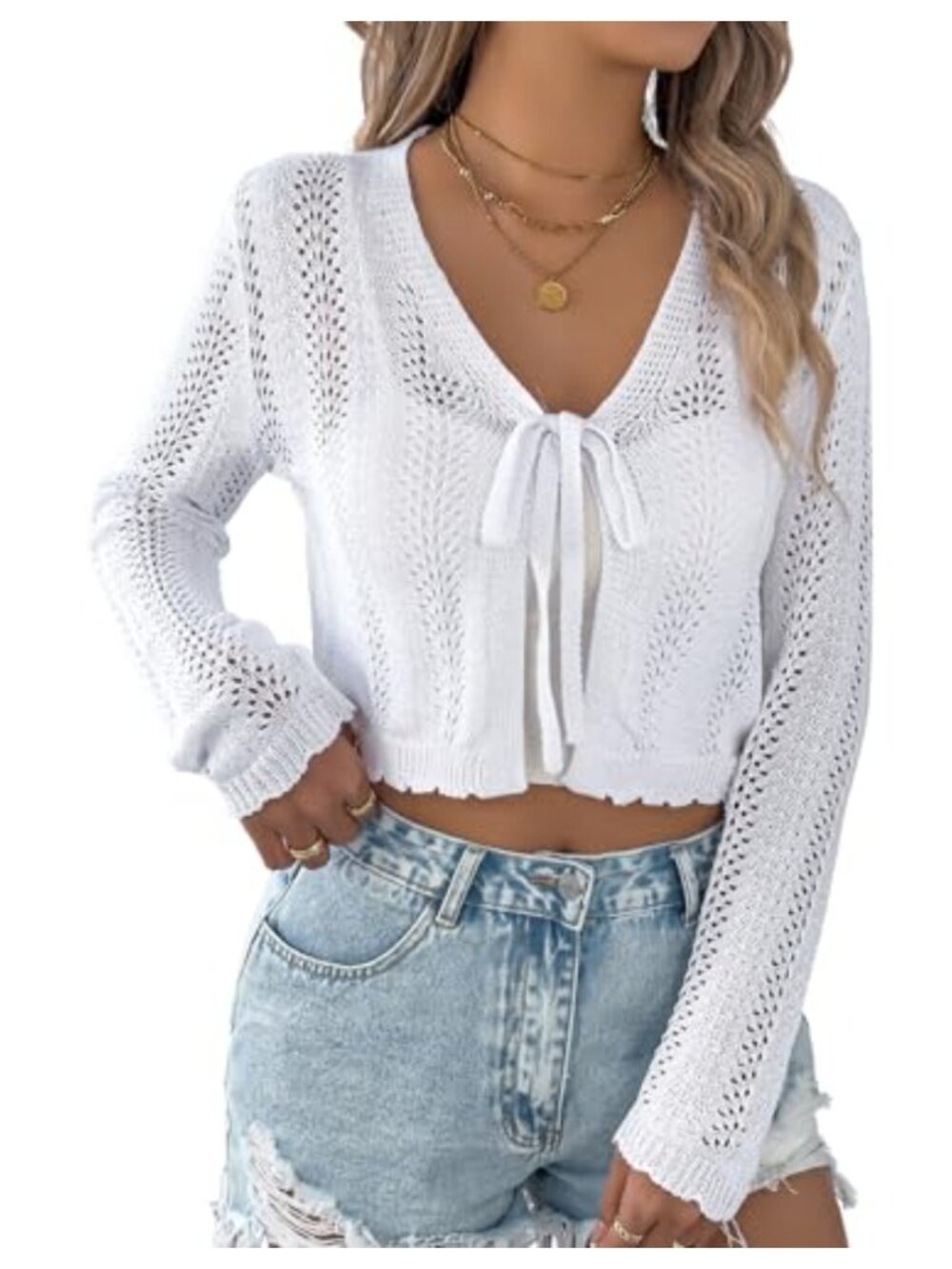 Crochet Tie Front Shrug Cardigan V-Neck Cropped Knit Sweater Lightweight